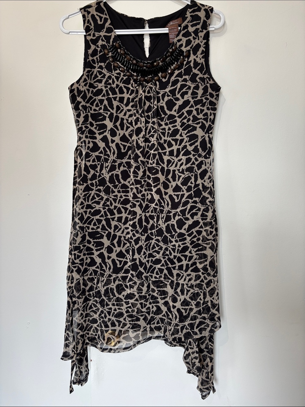 Jessica Black and Taupe Beaded-Neck Sleeveless Dress